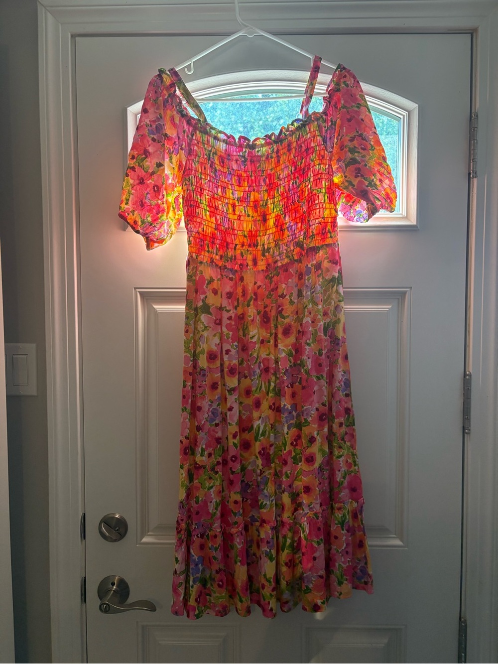 The Children's Place Pink Floral Smocked Midi Dress with Puff Sleeves